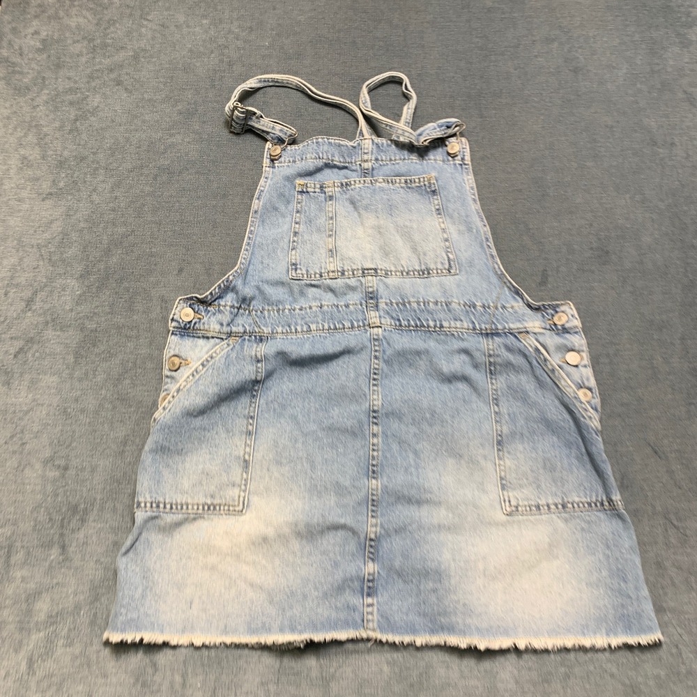 Free People Skirtall Womens XL Blue Denim Wide Straps Side Buttons Frayed Hem
